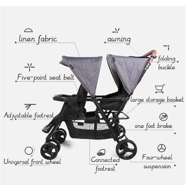 Koobaby T33 Double Stroller Twins Pram Full Recline Front & Rear